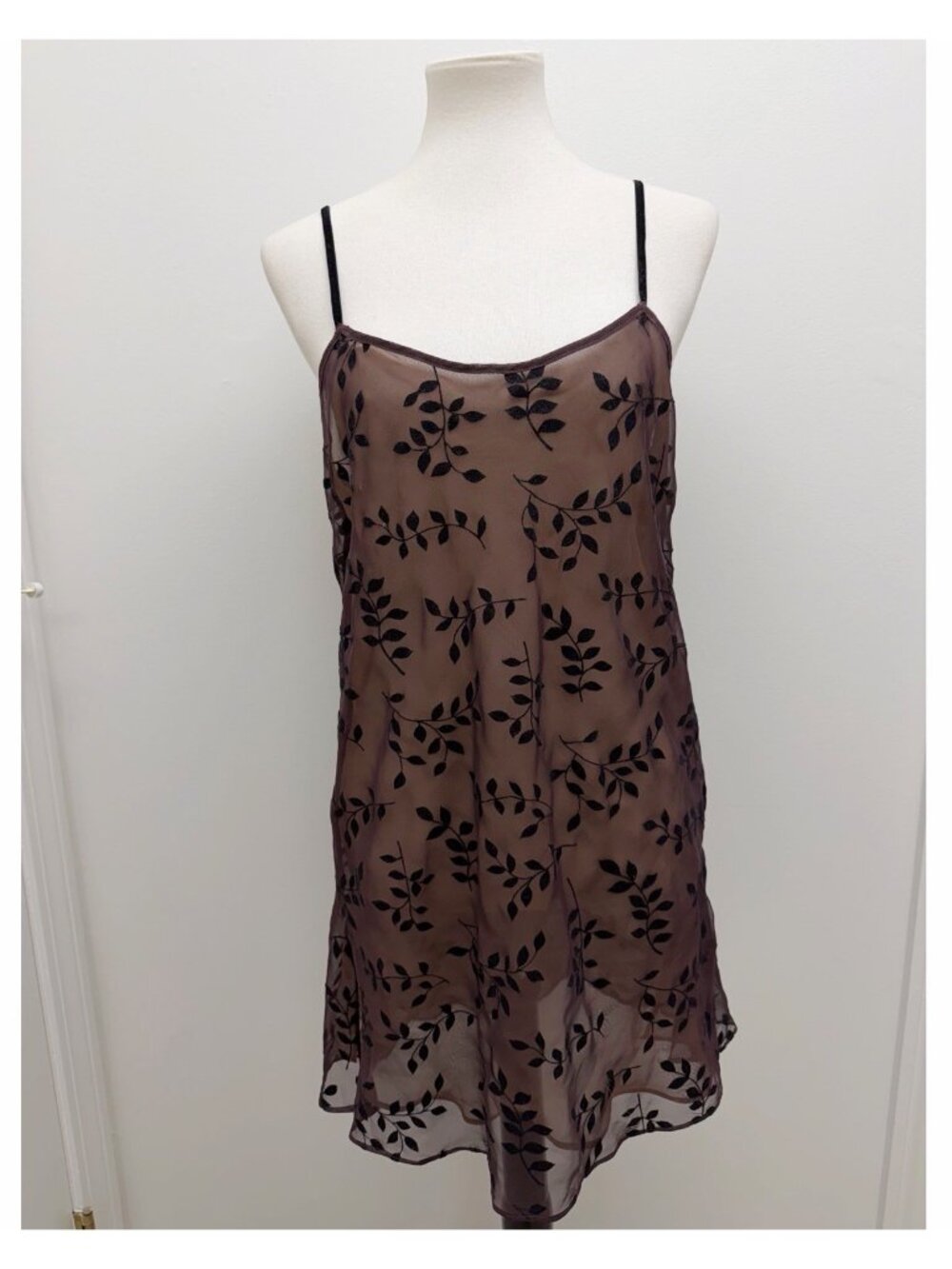 Vintage Y2K Calvin Klein Brown Sheer Lace Mini Slip Dress Lingerie Sz L Large